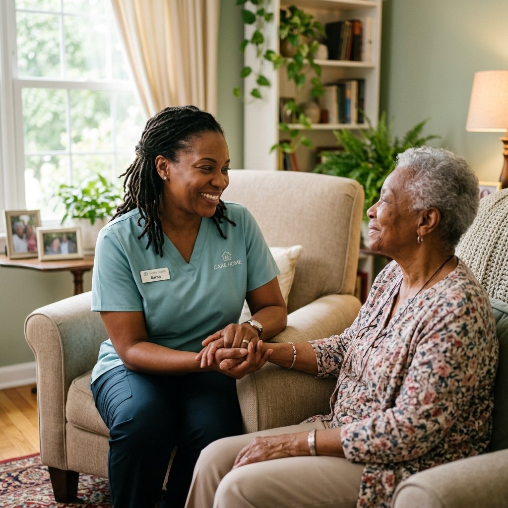 Compassionate African American caregiver supporting an elderly woman in a warm home setting