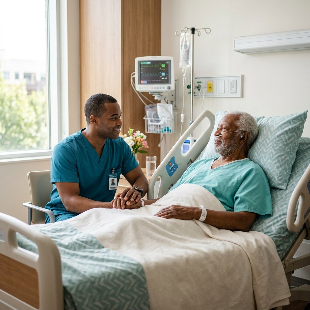 Attentive caregiver sitting bedside with an elderly patient in a hospital setting
